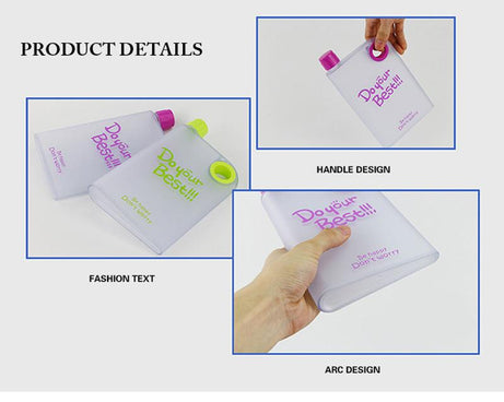 Multicolor slim water bottle resembling a notebook.