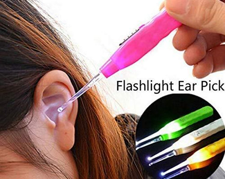 Flashlight earpick with integrated tweezer.