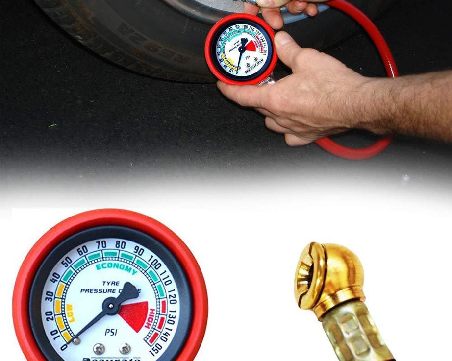 Tire inflator gauge with detailed design view.