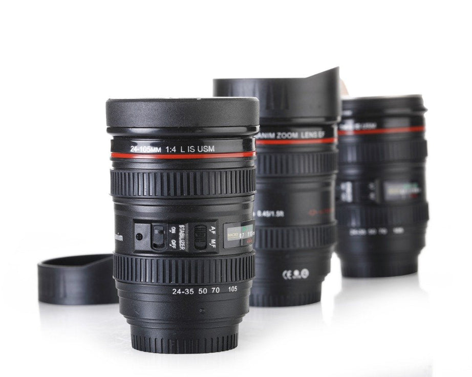 Coffee flask shaped like a camera lens with a removable lid