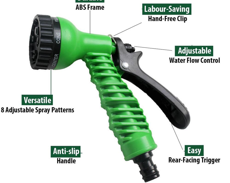 Plastic hose nozzle with multiple spray settings.