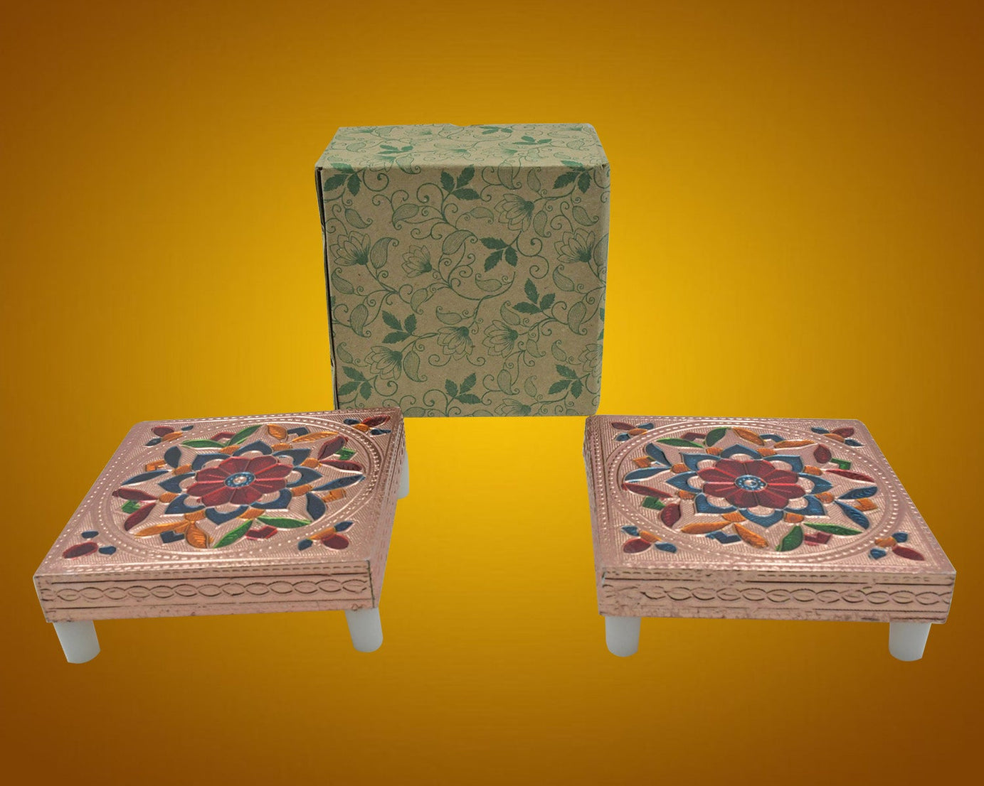 2 Pc Meenakari Wooden Chowki & Bajot Set: For Home & Office Puja (Multicolor)