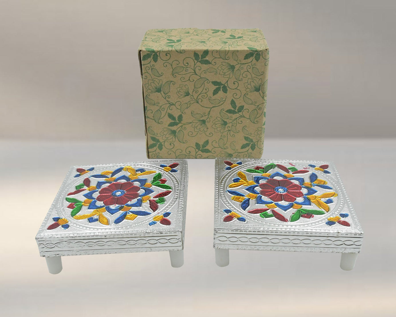 2 Pc Meenakari Wooden Chowki & Bajot Set: For Home & Office Puja (Multicolor)