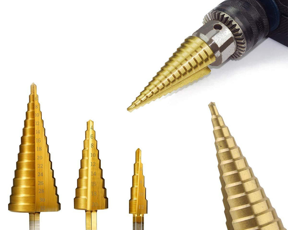 HSS steel step cone drill bit set with titanium coating.