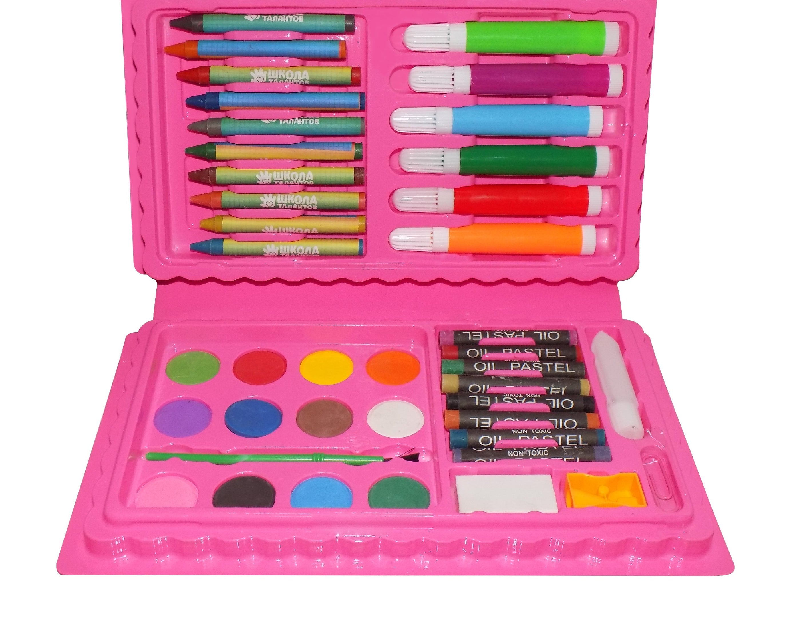 Colorful art kit featuring crayons, watercolor, and sketch pens.
