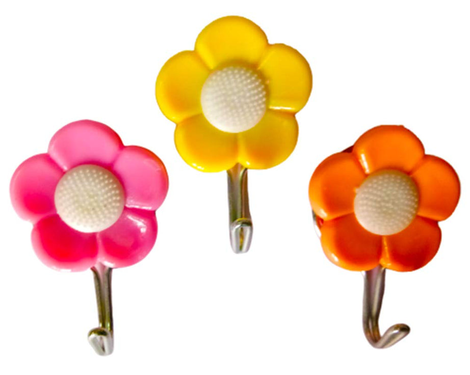 Colorful flower wall hooks for organizing small items.