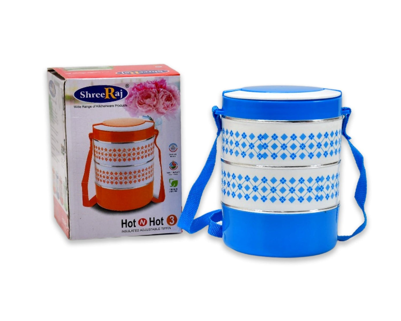 Blue lunch box with 3 insulated containers.