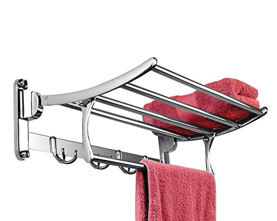 Stainless steel folding towel rack with towel bar, 18 inches for bathroom storage.