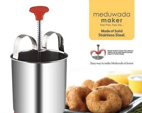 Stainless steel vada maker, angled view