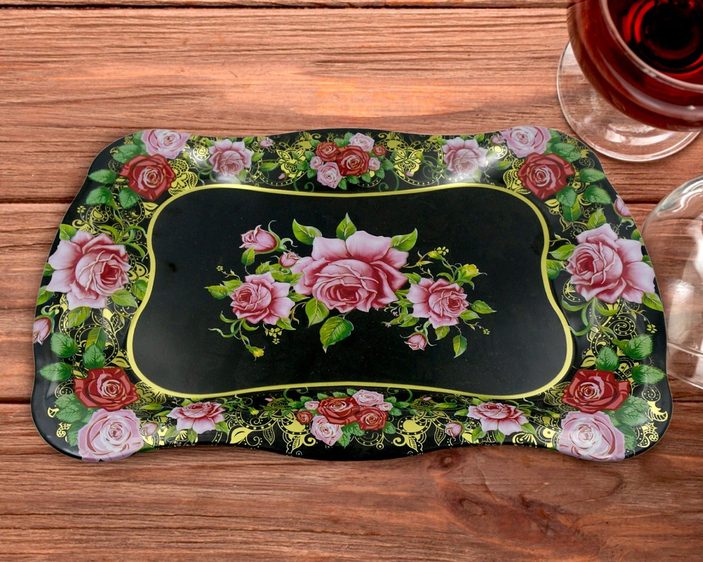 Stainless Steel Serving Tray With Flower Printed Rectangle Premium Dining Table Plate (18 x 8.5 Inch / 1 Pc)