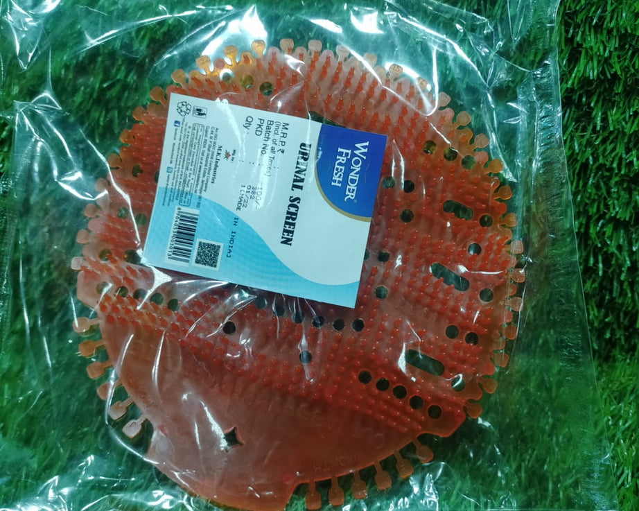 Urinal splash guard screen in a round shape.