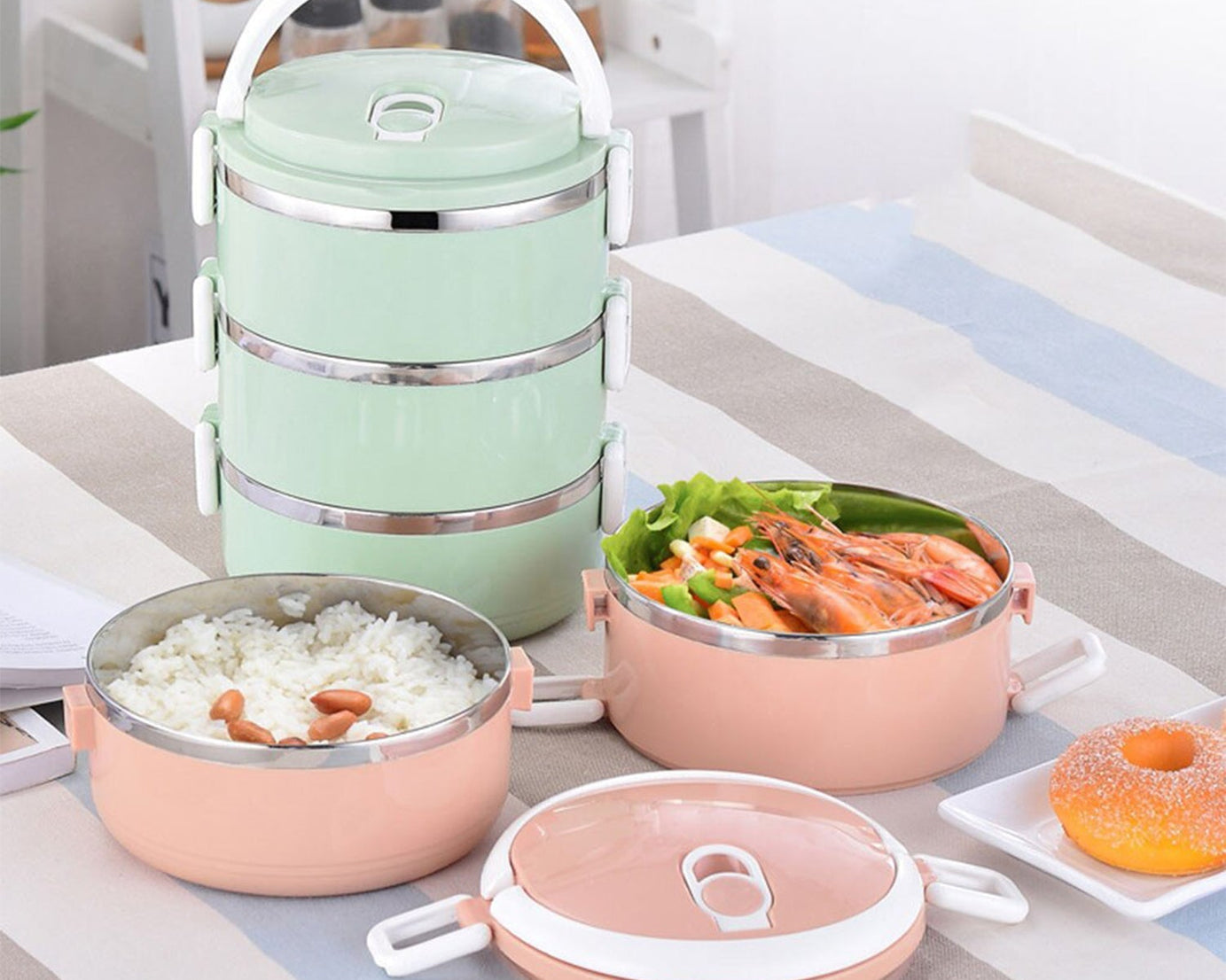 Three layer stainless steel hot lunch box.