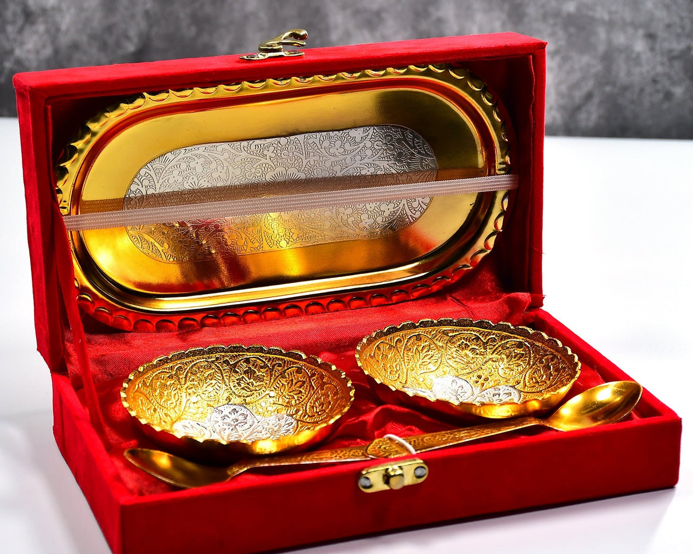 Gold and silver plated 2 bowl 2 spoon tray set in brass with red velvet gift box.