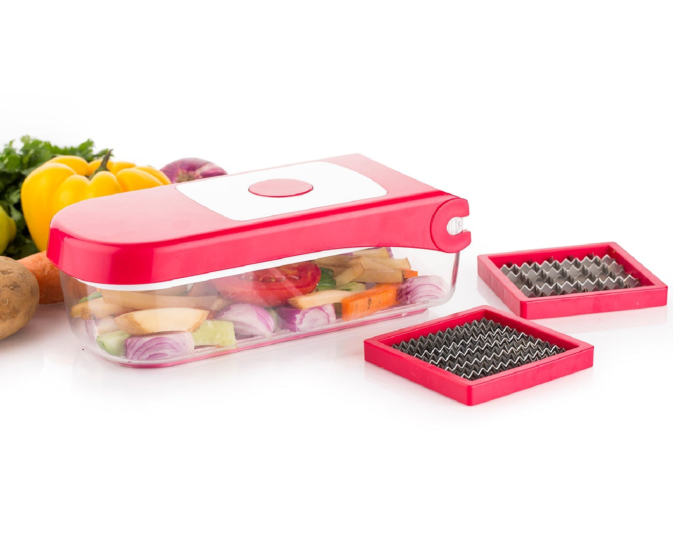 Ganesh plastic chopper, red, for vegetables and fruits, shown from various angles.