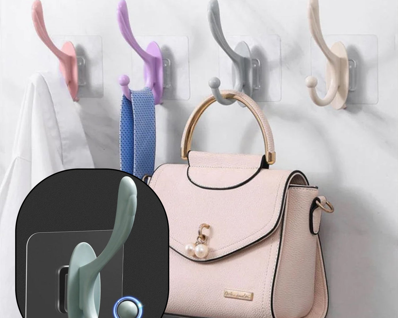 Self-adhesive wall hook, plastic, simple installation.