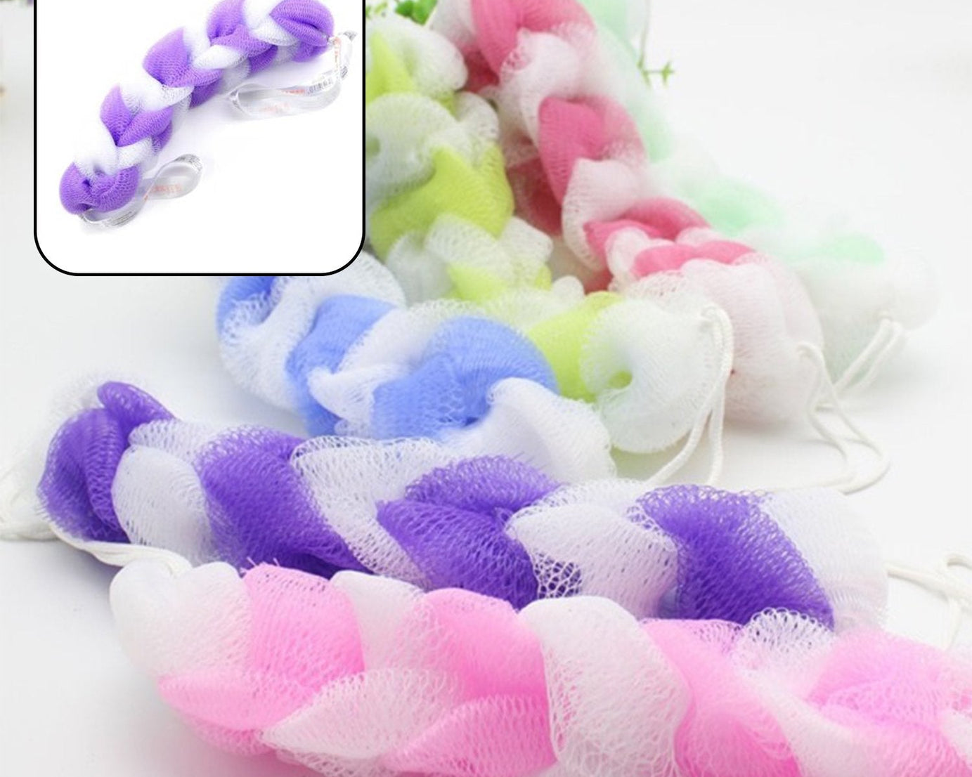 Hanging bath loofah sponge, pack of 6, for effective body scrubbing.
