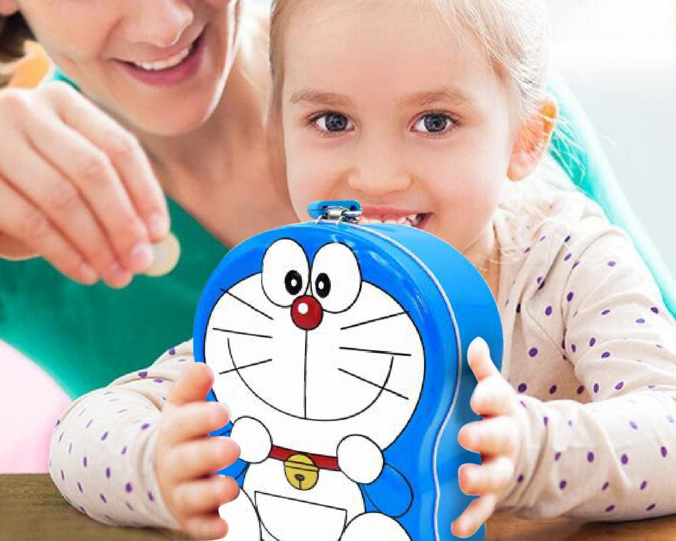 Metal piggy bank featuring cartoon characters, designed as a coin and money box for saving