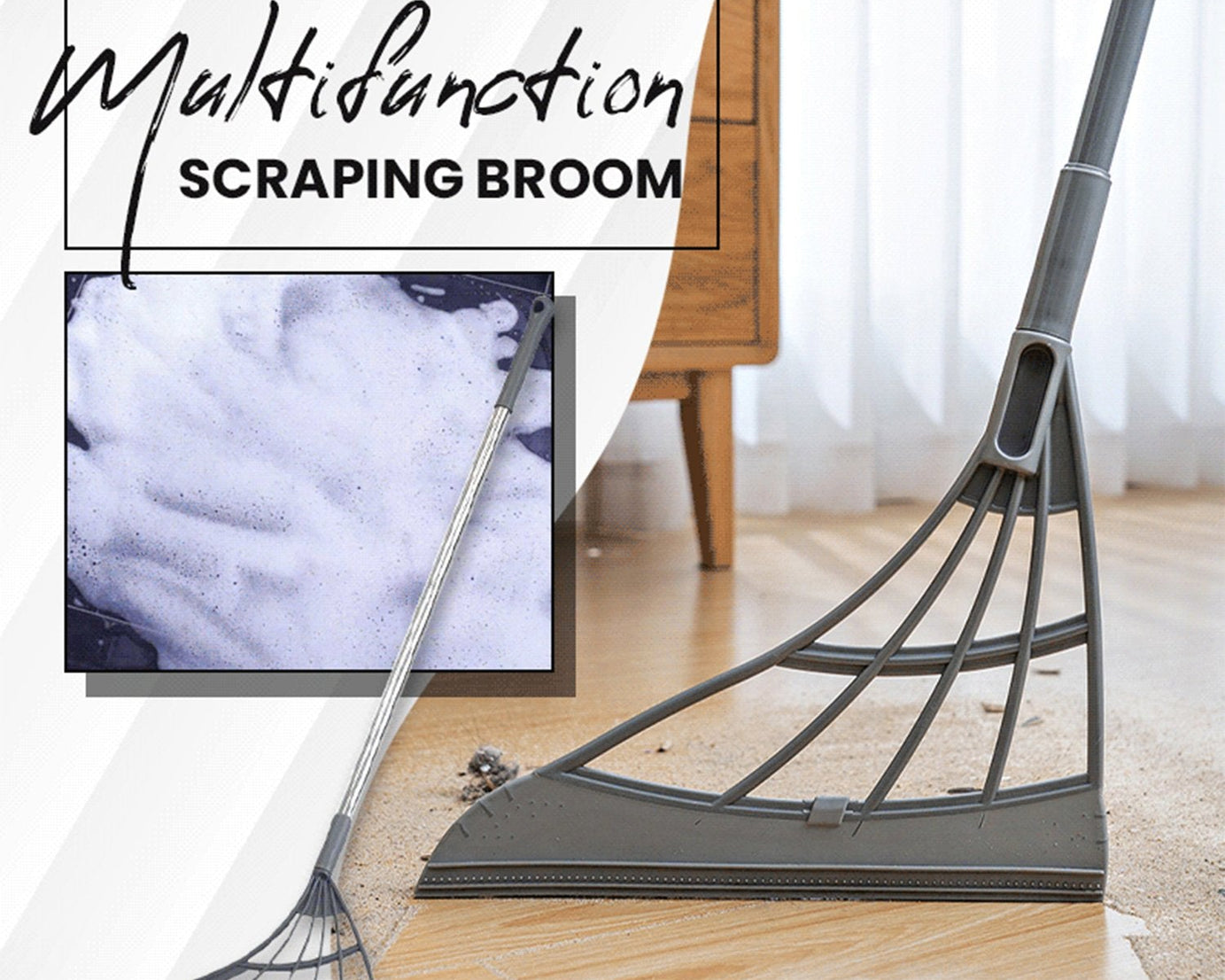 Broom with integrated scraper, designed for eco-conscious use
