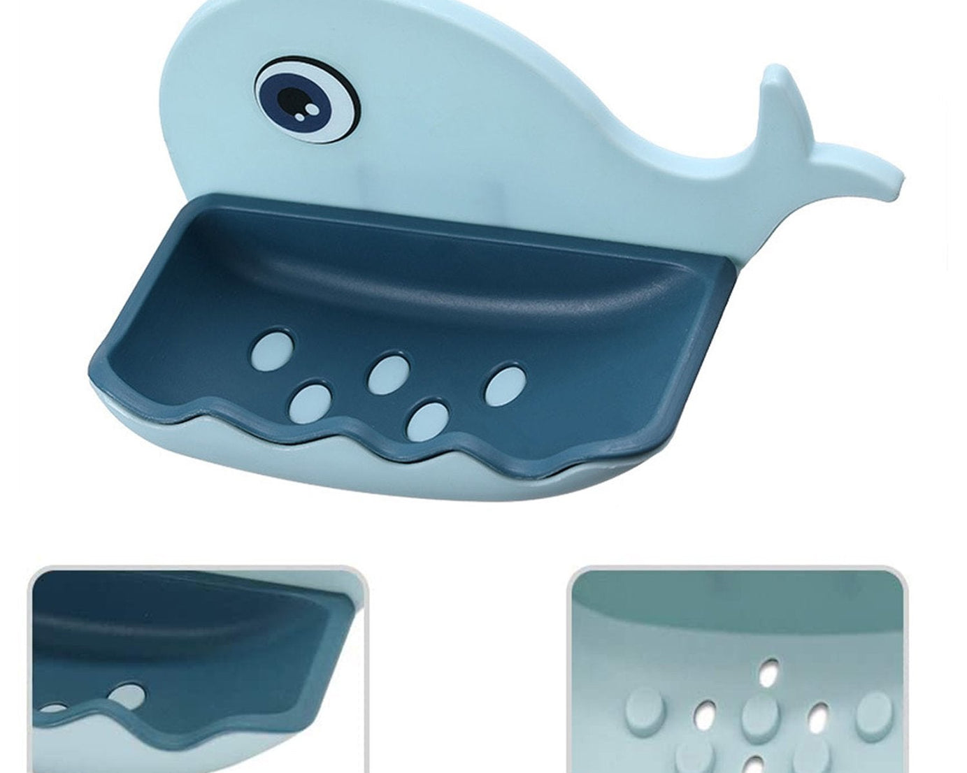 Top-down view of the fish-shaped soap dish, emphasizing its drainage feature and waterproof design