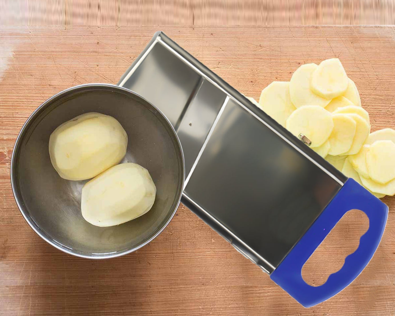 Household potato slicer for easy and efficient slicing of potatoes.