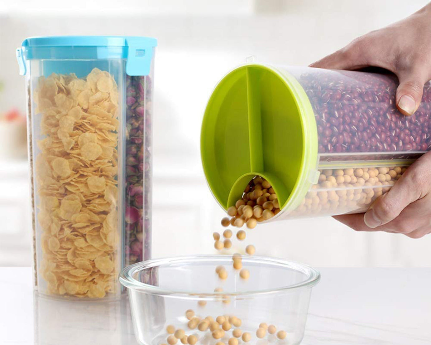 Multi-purpose transparent dispenser with airtight seal and color box for storage.
