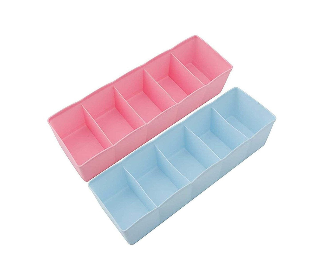 Storage box with 5 compartments for organizing socks and underwear.