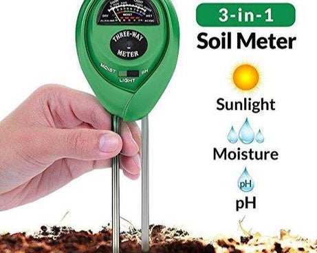 3-way soil meter for moisture, pH, and light testing.
