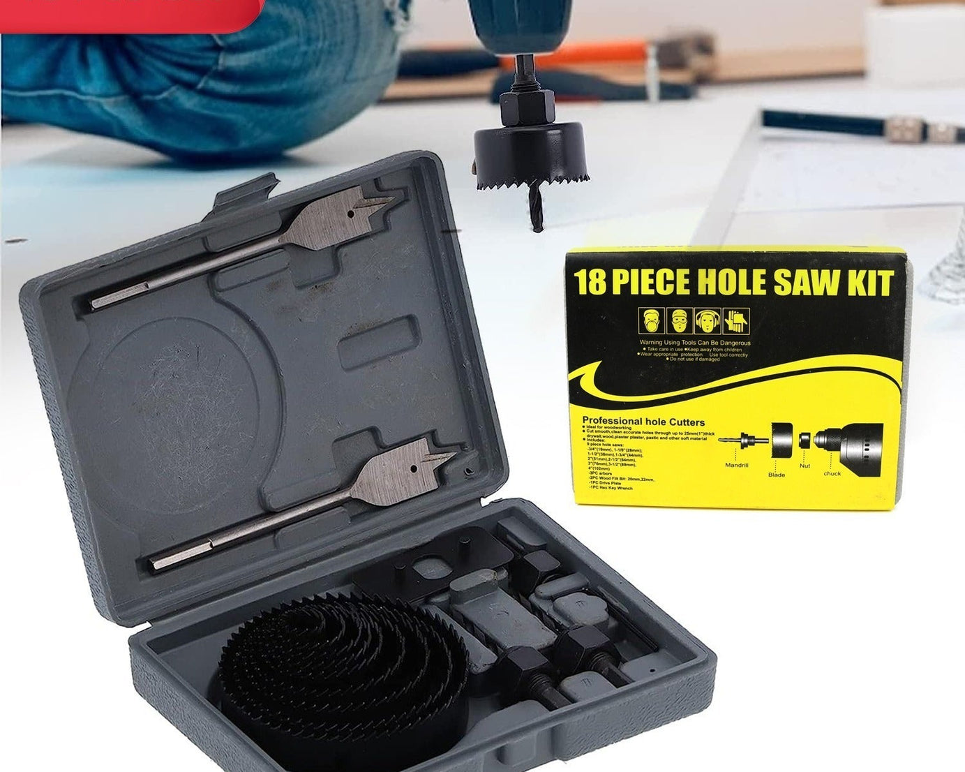 7576 Drill Hole Cutter, Carbon Steel High Accuracy Incisive Hole Saw for Cutting PCV for Cutting Plastic for Cutting Wood Hole Saw Kit (18 Pcs Set)