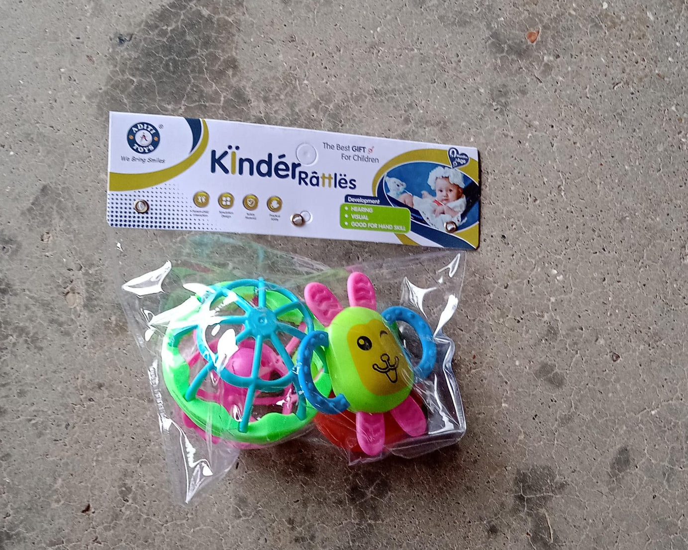 Collection of three colorful baby rattles designed for play and sensory development.