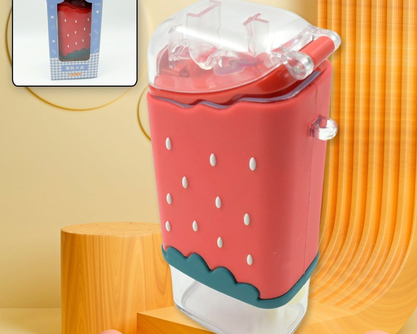 Portable Cute Water Bottle for Kids, Unique Ice Cream Shape water cup, Popsicle Shaped Plastic Kettle with Straw, Adjustable Shoulder Strap, BPA free, Leakproof (300 ML)