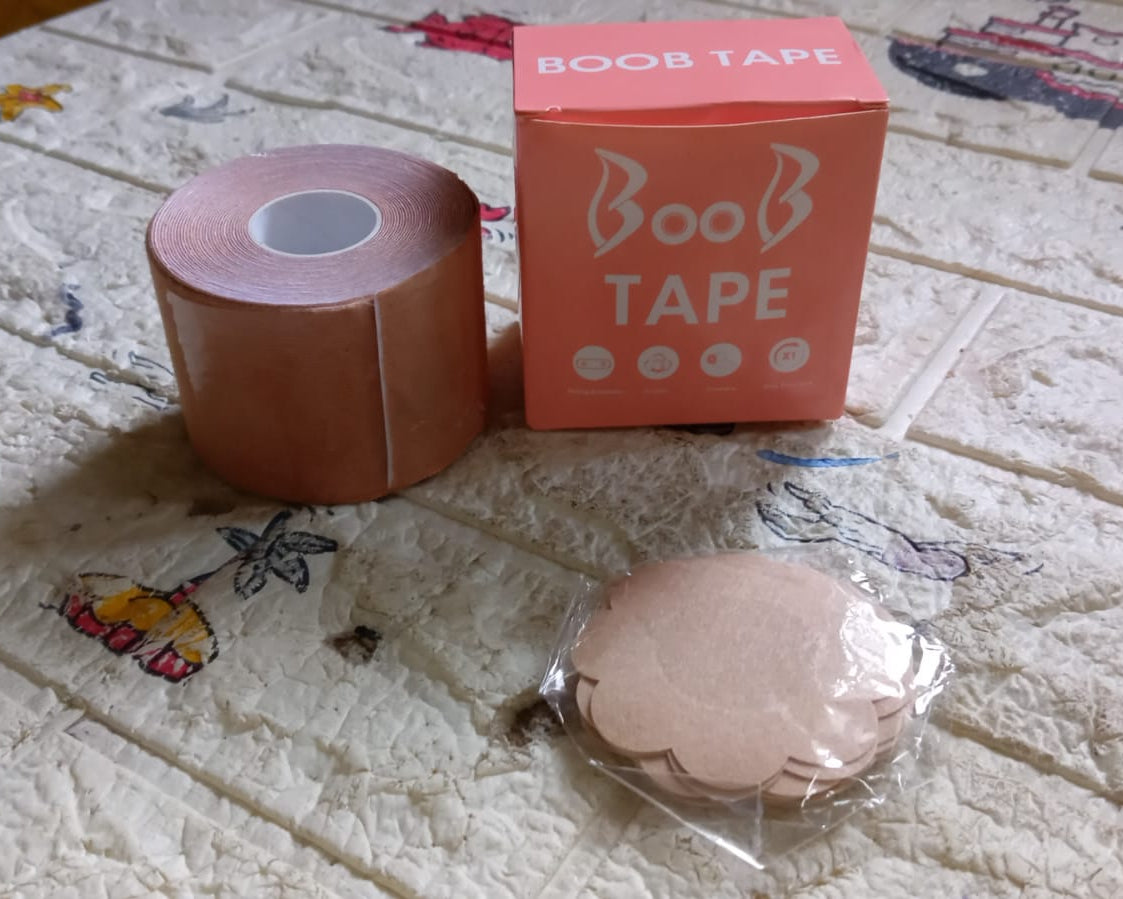 Boob Tape with Nipple Covers: Cotton, Breathable, Lift & Support (5m, 10 Pairs)