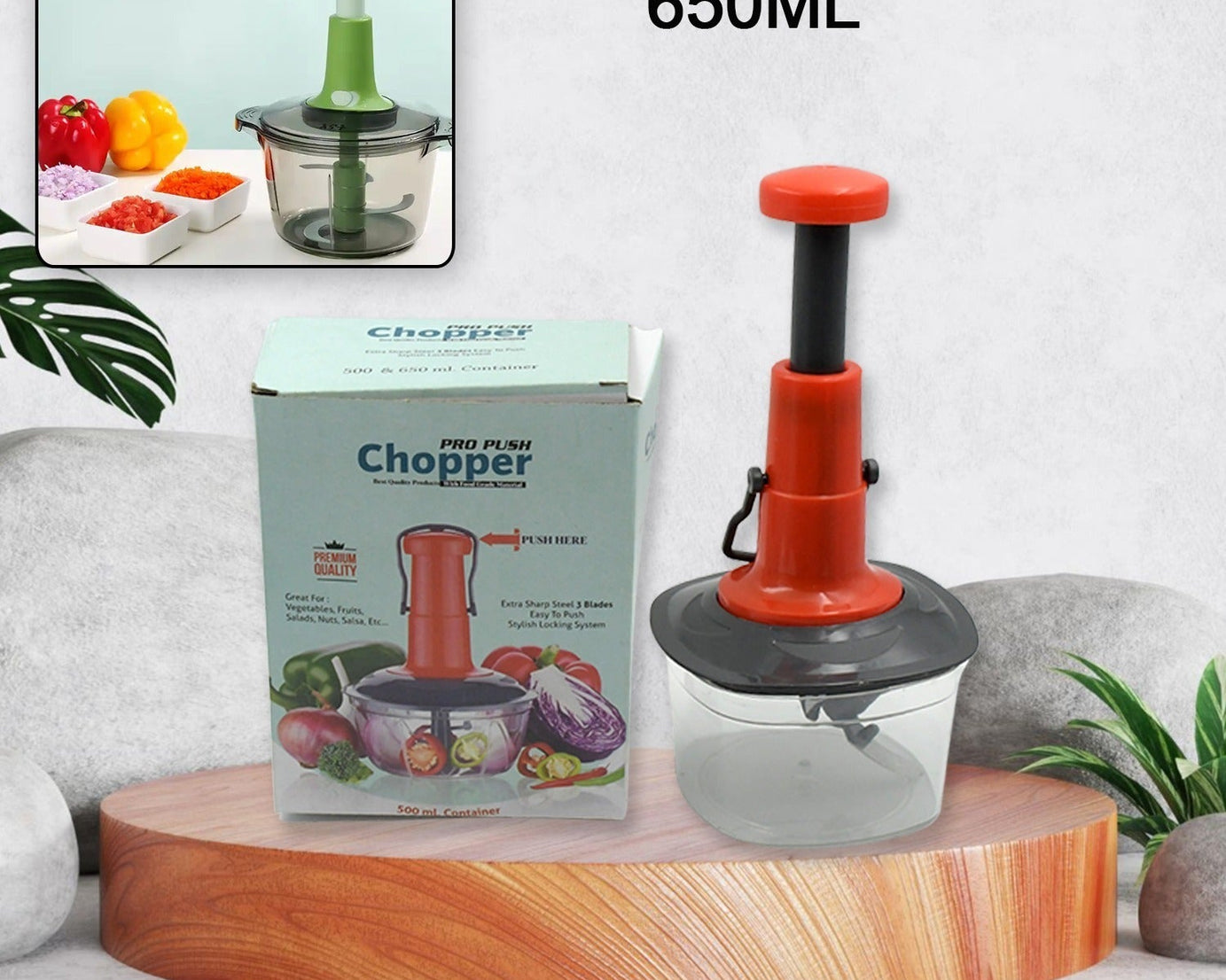 Manual Food Chopper (650ml): 3 Stainless Steel Blades, Locking System, Anti-Slip Base