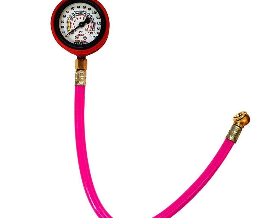 Tire inflator gauge with multiple accessories included.