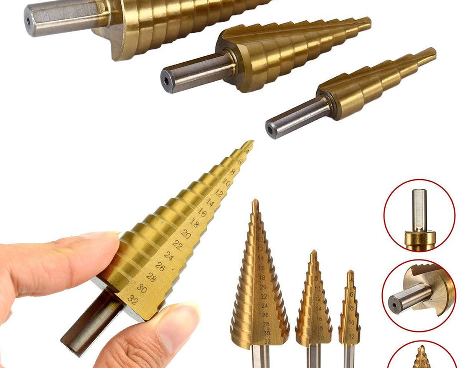 Set of step cone drills with titanium coating for durability.