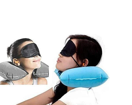 Comprehensive air travel kit with pillow and buds.