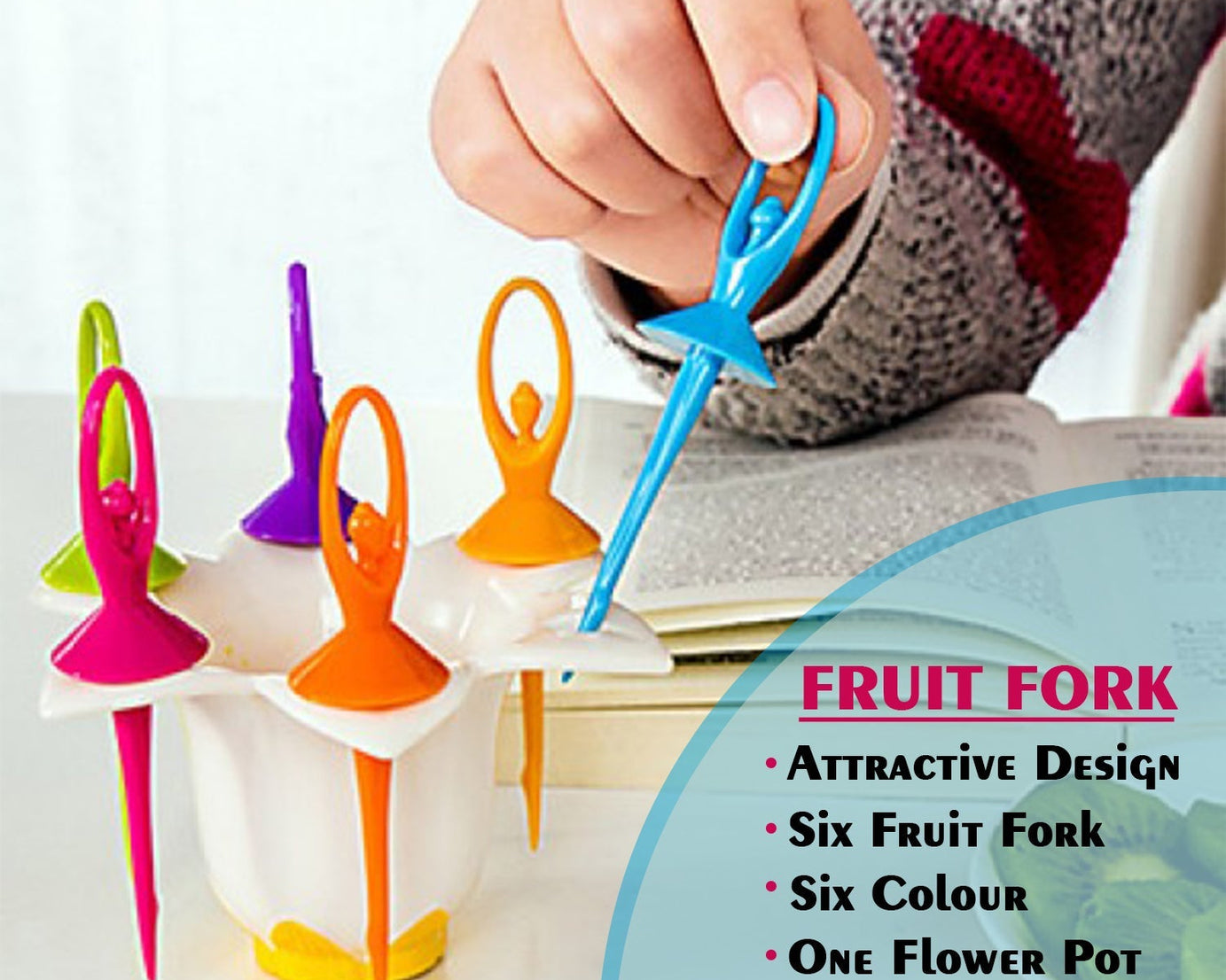 Set of 6 fruit forks with a doll-themed stand