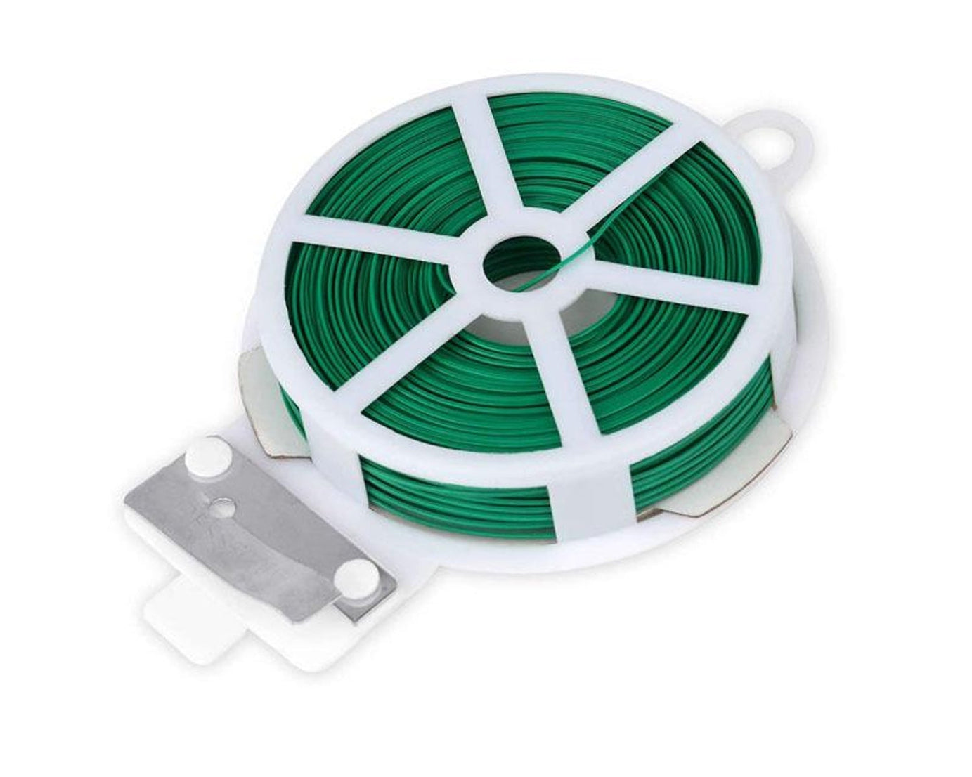 Plastic twist tie wire spool with cutter for garden use.