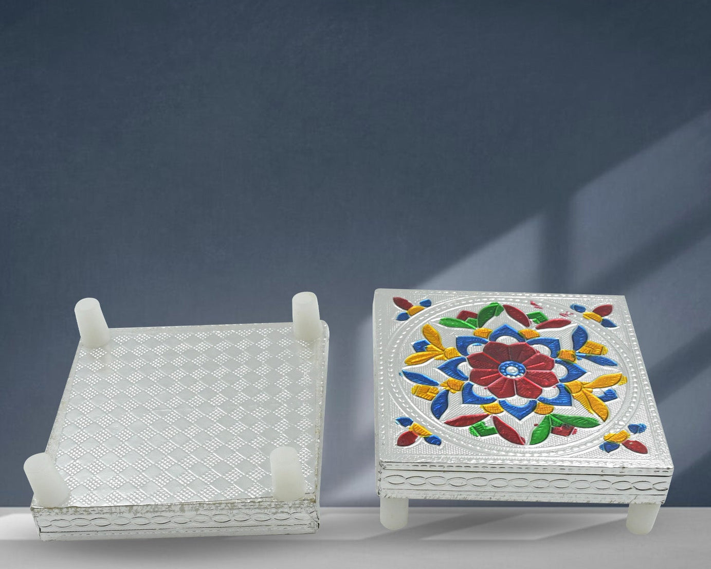 2 Pc Meenakari Wooden Chowki & Bajot Set: For Home & Office Puja (Multicolor)