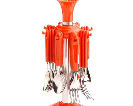 Stylish 24-piece stainless steel cutlery set with plastic handles.