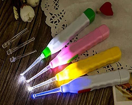 LED earpick with flashlight and tweezer for cleaning.