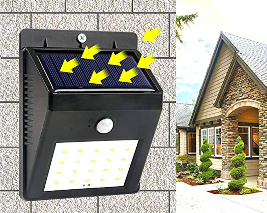 Black solar security LED light for outdoor use.