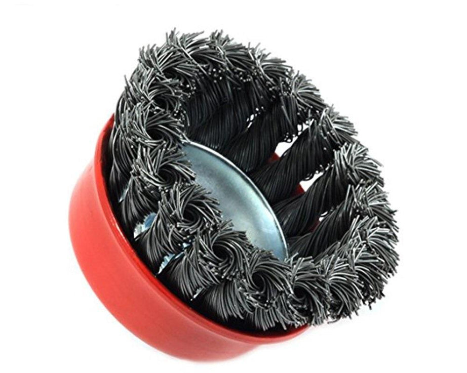 Black wire wheel brush for rugged tasks.