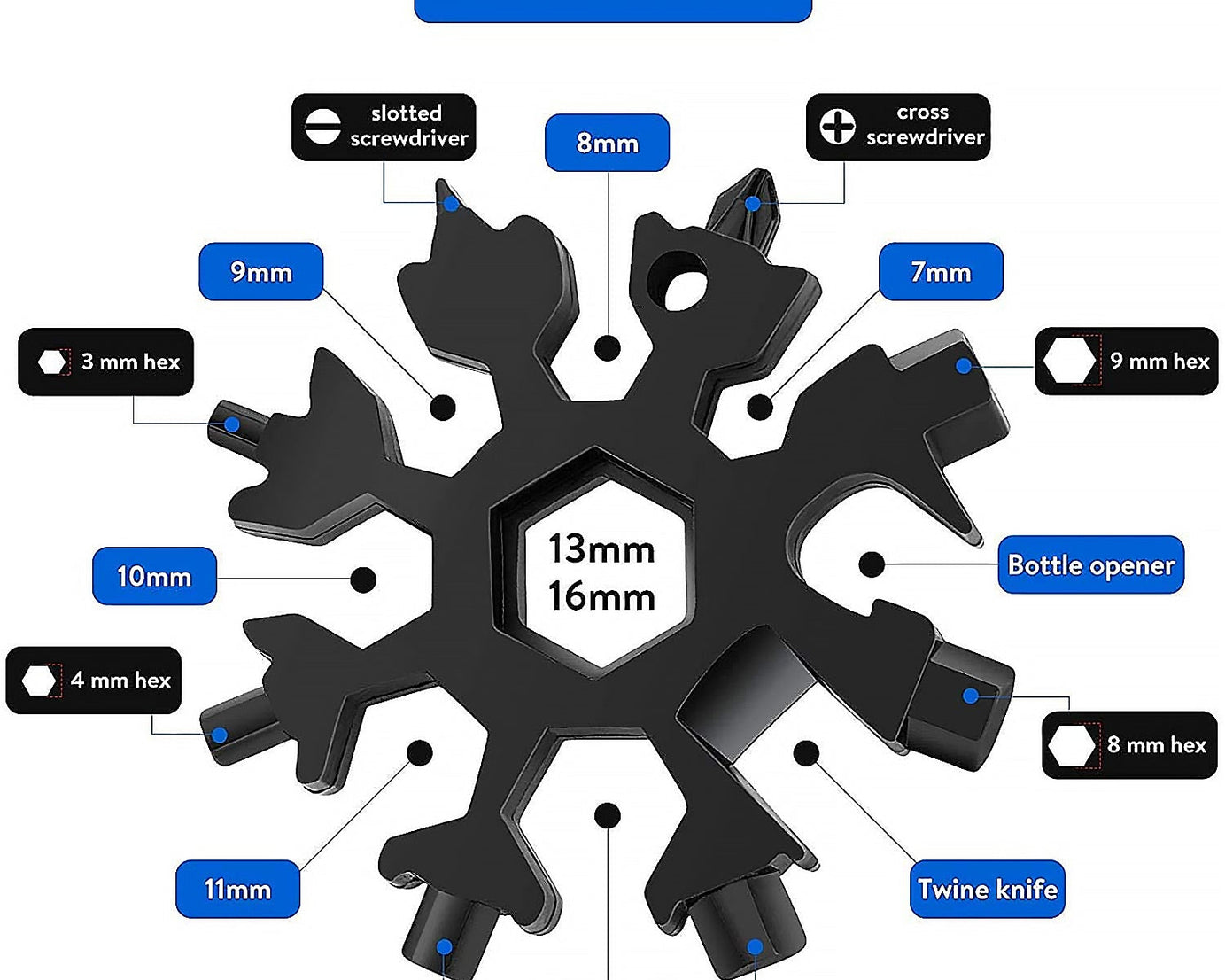 Durable & Portable 18 in 1 Snowflake Multi-Tool, Snowflake Bottle Opener Flat Phillips Screwdriver Kit Wrench