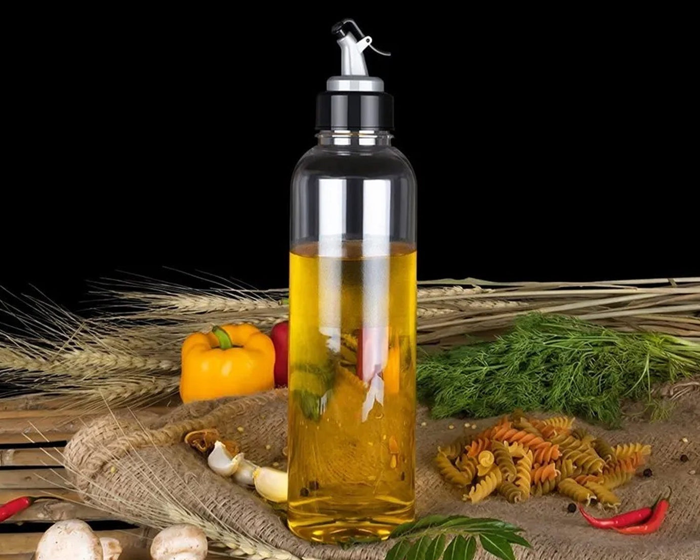 1-liter oil dispenser, transparent plastic, for kitchen use.