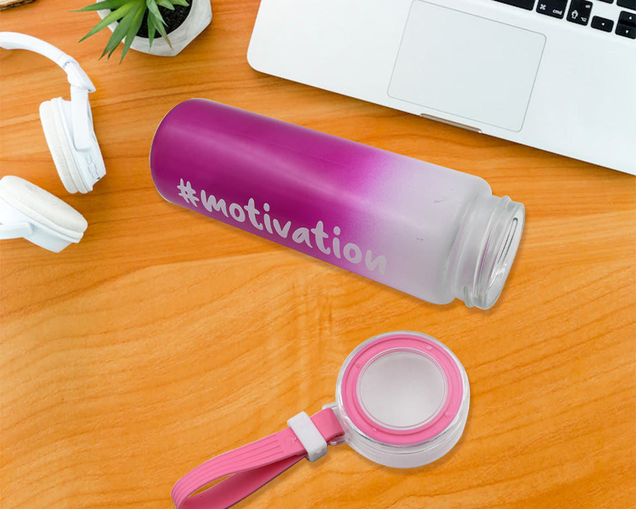 Motivational Glass Water Bottle Colorful potable Water Glass Bottle With Rubber Band, Daily Intake Hourly Water Bottle to Ensure You Drink Enough Water Throughout The Day Reusable Cycling Gym, Workout Fitness Bottle (350 ML)