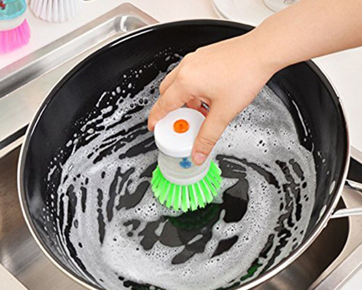 Cleaning brush with refillable soap dispenser for dishwashing