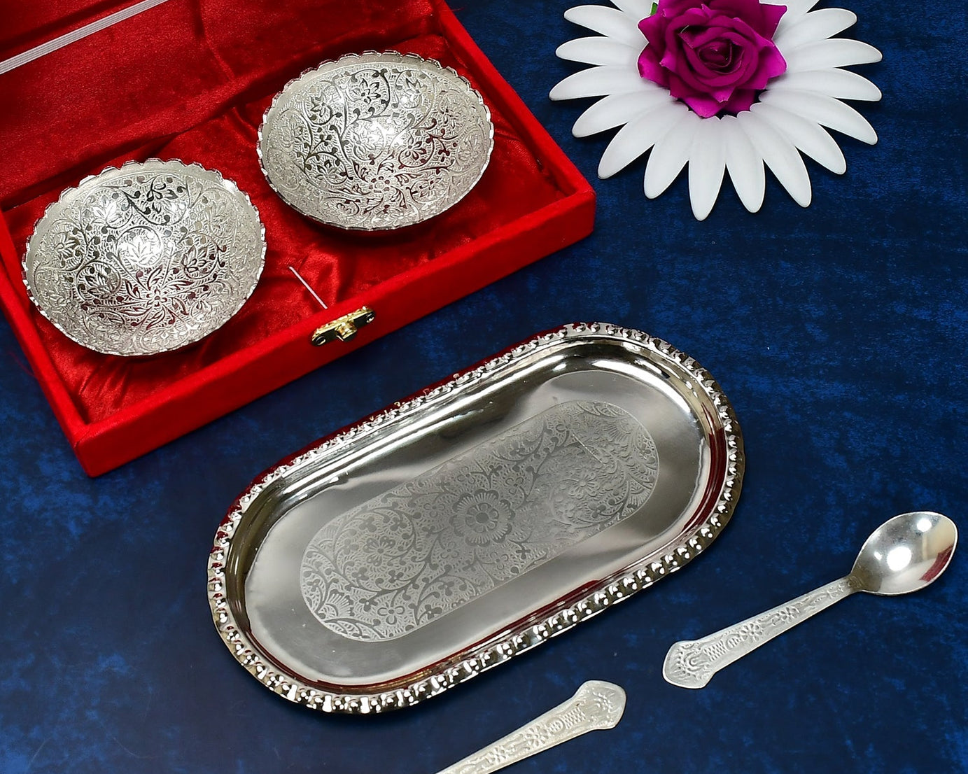 Silver plated tray set with bowls and spoons.