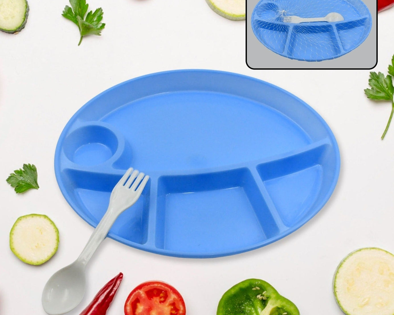 Plastic Food Plates / Biodegradable 5 Compartment Plate With Spoon for Food Snacks / Nuts / Desserts Plates for Kids, Reusable Plates for Outdoor, Camping, BPA-free (1 Pc)