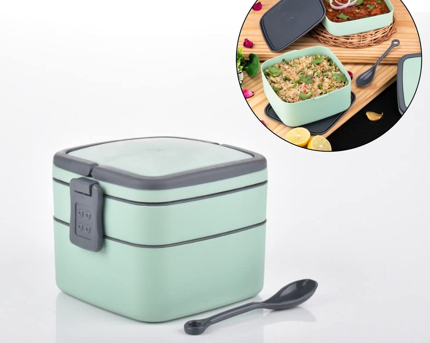 Stackable green bento box with carrying handle