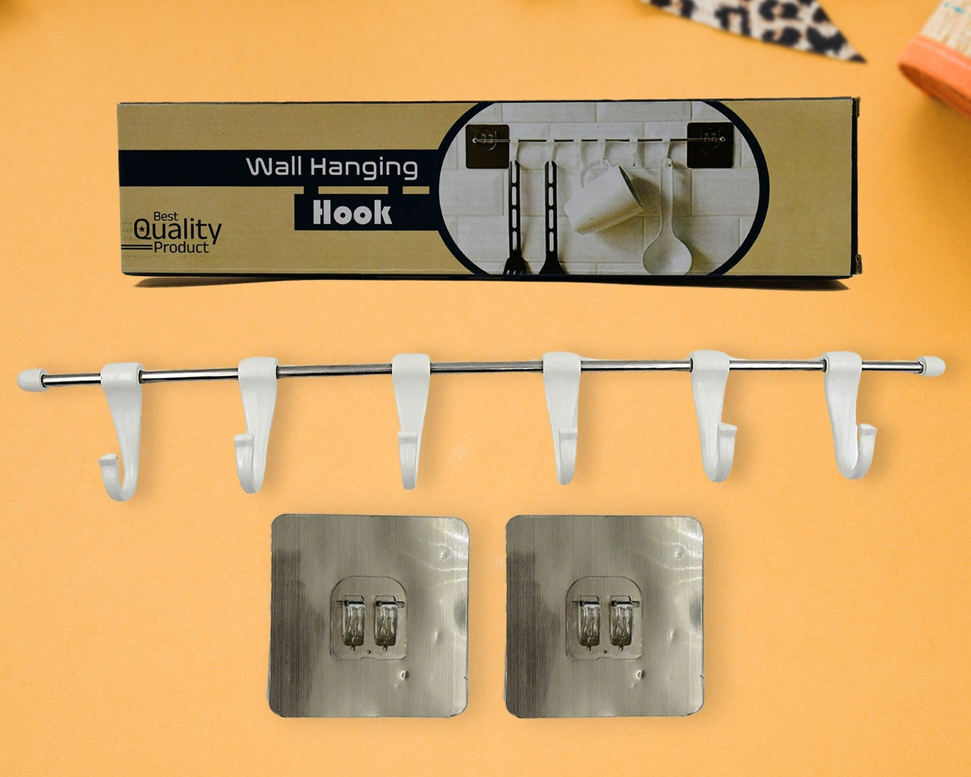 Stainless Steel Utensil Hanger Rail Nail Free Wall Mount with 2 Magic Stickers & 6 Plastic Hooks For Kitchen